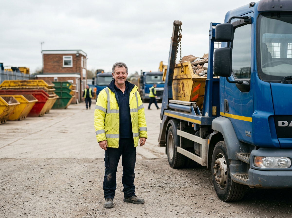 Skip hire driver in a high-visibility jacket beside a blue hook-lift truck and yellow skip