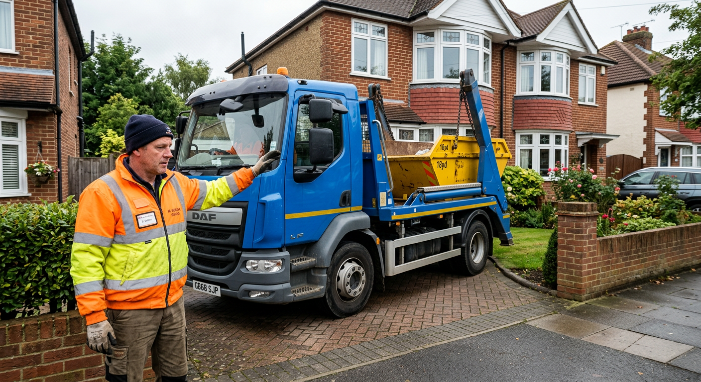 High-visibility skip lorry driver guiding a yellow skip into place on a residential driveway